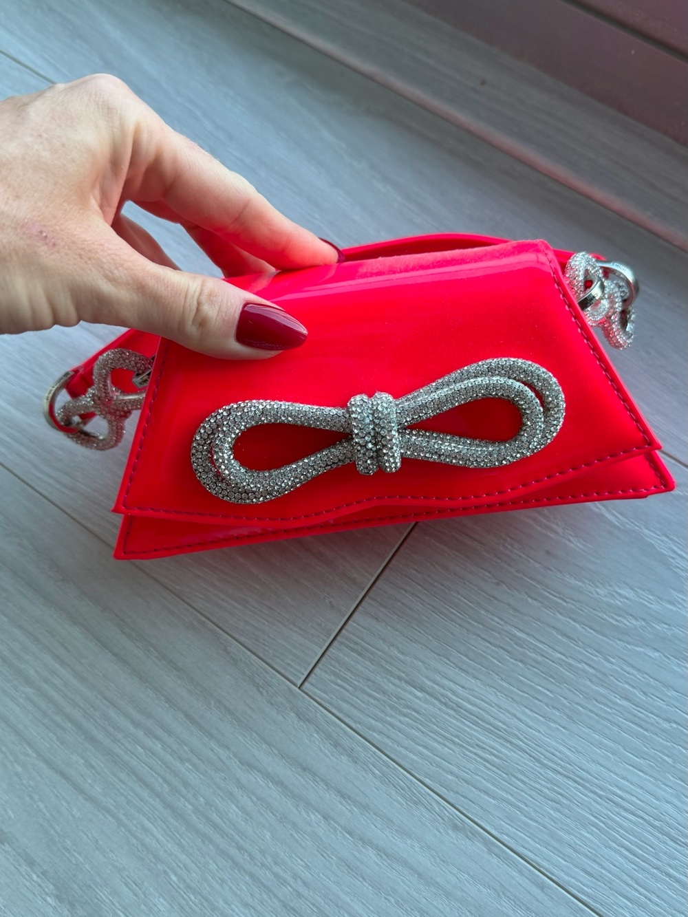 MACH & MACH Hot Pink Patent Mini Bag with Crystal Bow